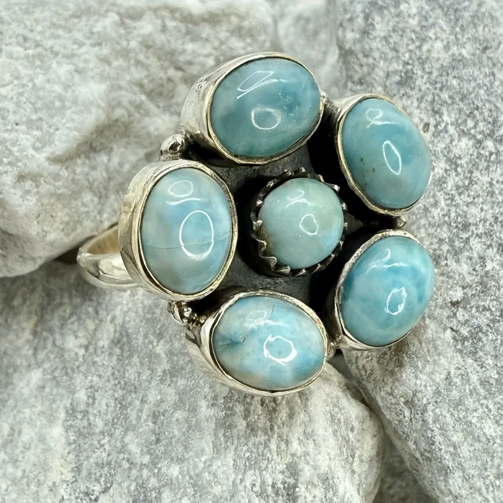 Sterling Silver Larimar Floral Cluster Ring Size 10 Boho Southwestern 925